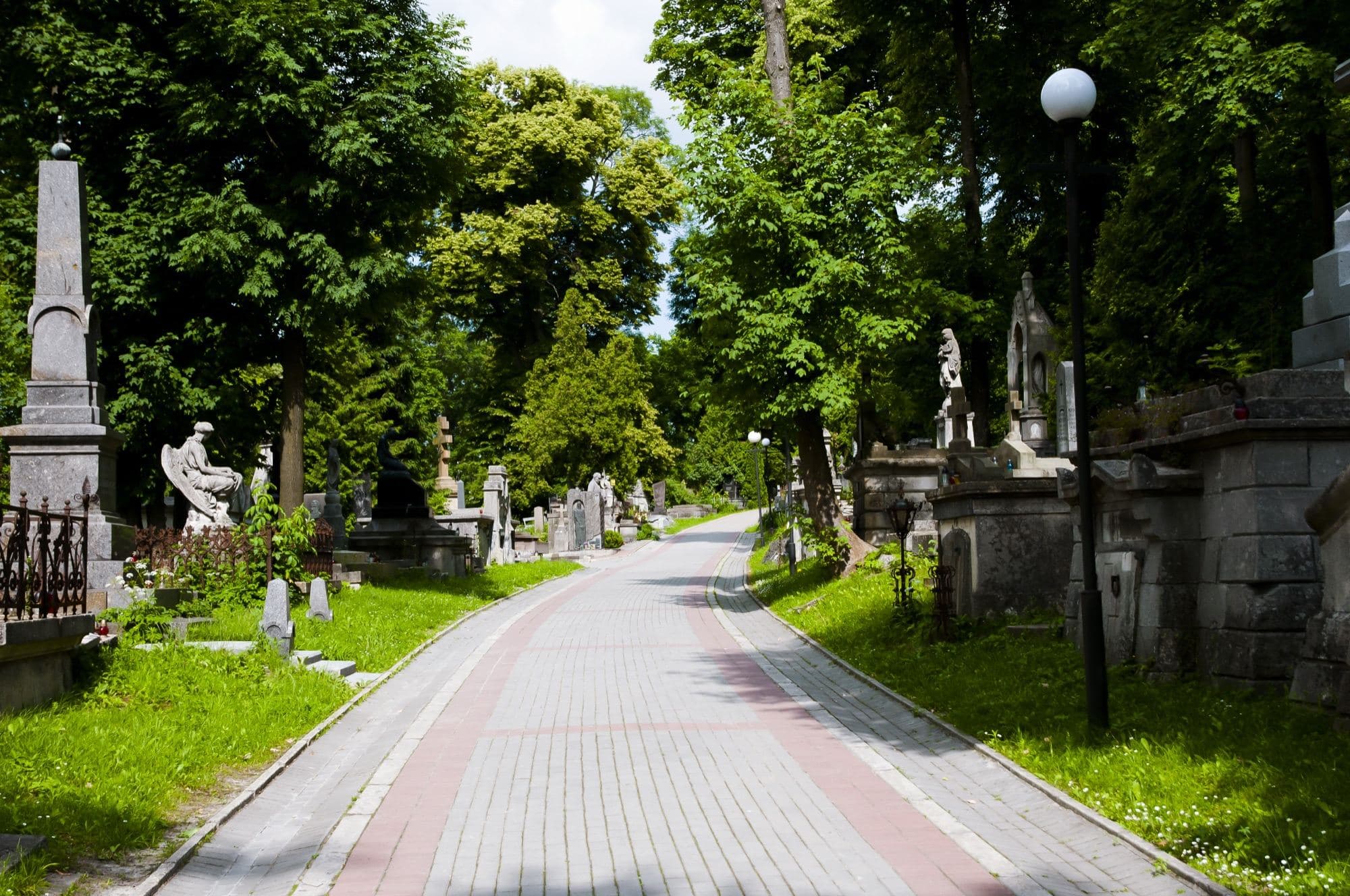Allée pavée d un cimetière paysager bordée de monuments anciens et d arbres